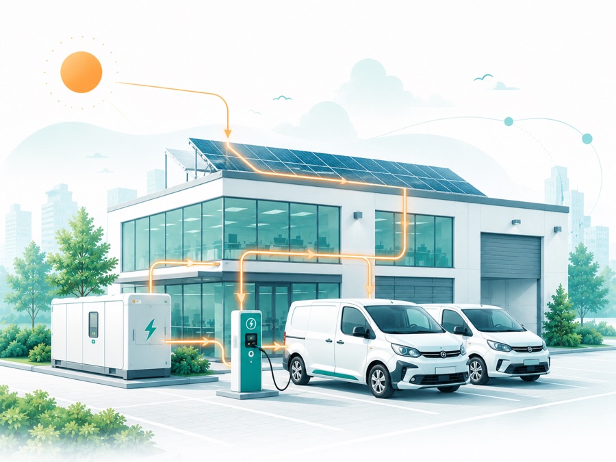 太陽光の電気が事業所の配線を通って充電スタンドへ流れ、社用車に充電されているイラスト