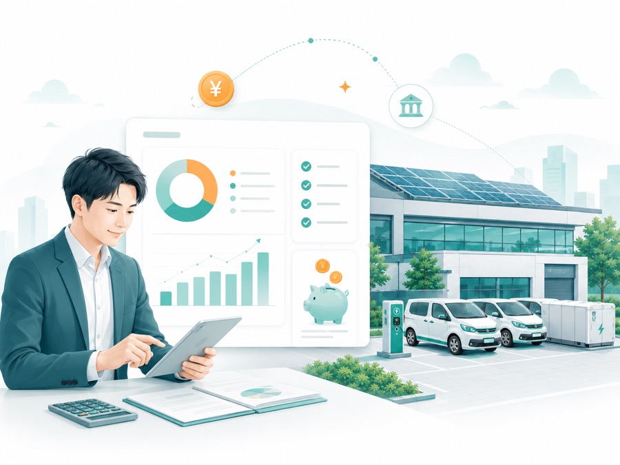 担当者がタブレットで社用車EVのリース費用を試算しているイラスト