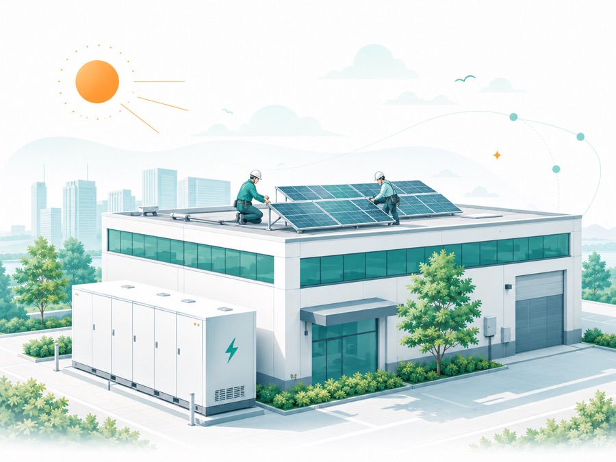 作業員が事業所の屋上に太陽光パネルを設置しているイラスト